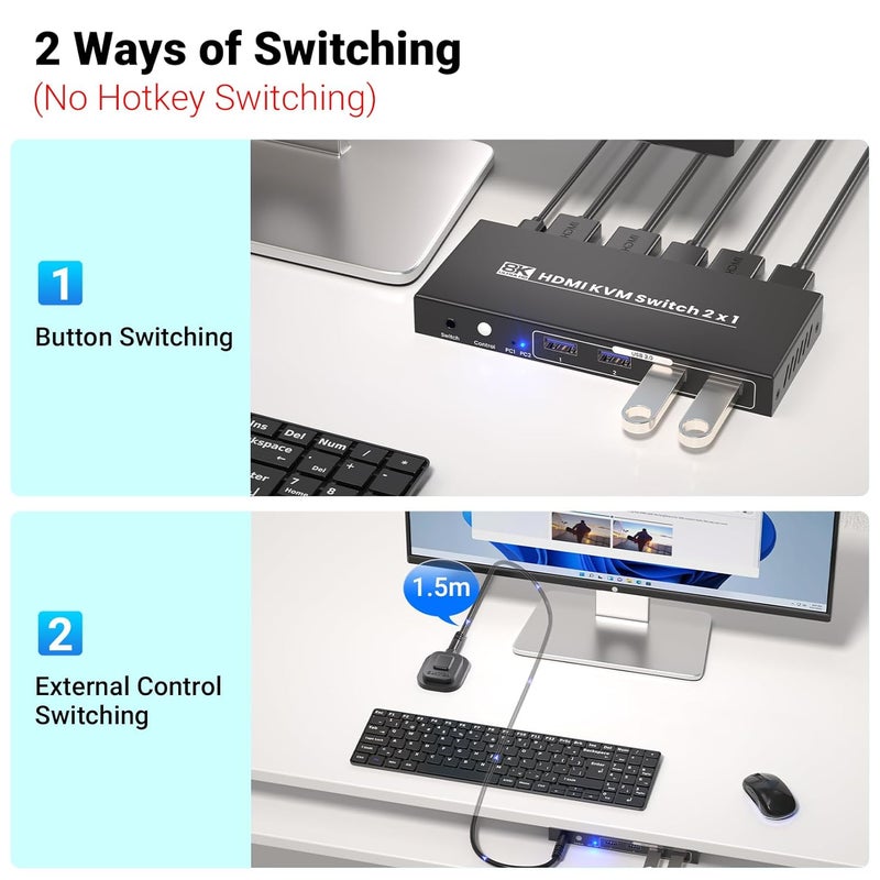 SEMZHENG HDMI KVM Switch 1 Monitor 2 Computers, 8K60Hz 4K120Hz USB 3.0 2 Port HDMI KVM Switch for 2 PC Management Via 1 Set of Keyboard Mouse and 1 Monitor - Image 5